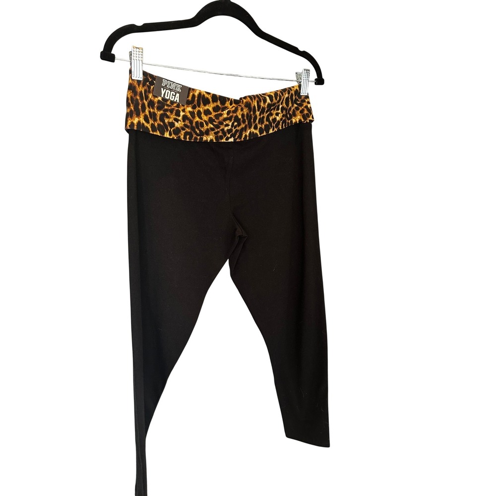Victorias Secret PINK Yoga Leggings Black Leopard Print Foldover Sequin L NEW